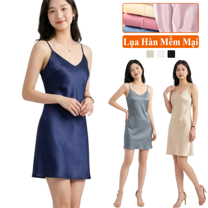 Váy Ngủ 2 Dây Lụa Mặc Nhà Madela Lụa Hàn Mịn Mát, Váy Ngủ Hai Dây Lụa Trong Bộ: Đồ Ngủ 2 Dây Mặc Nhà Nữ, Đầm Ngủ 2 Dây