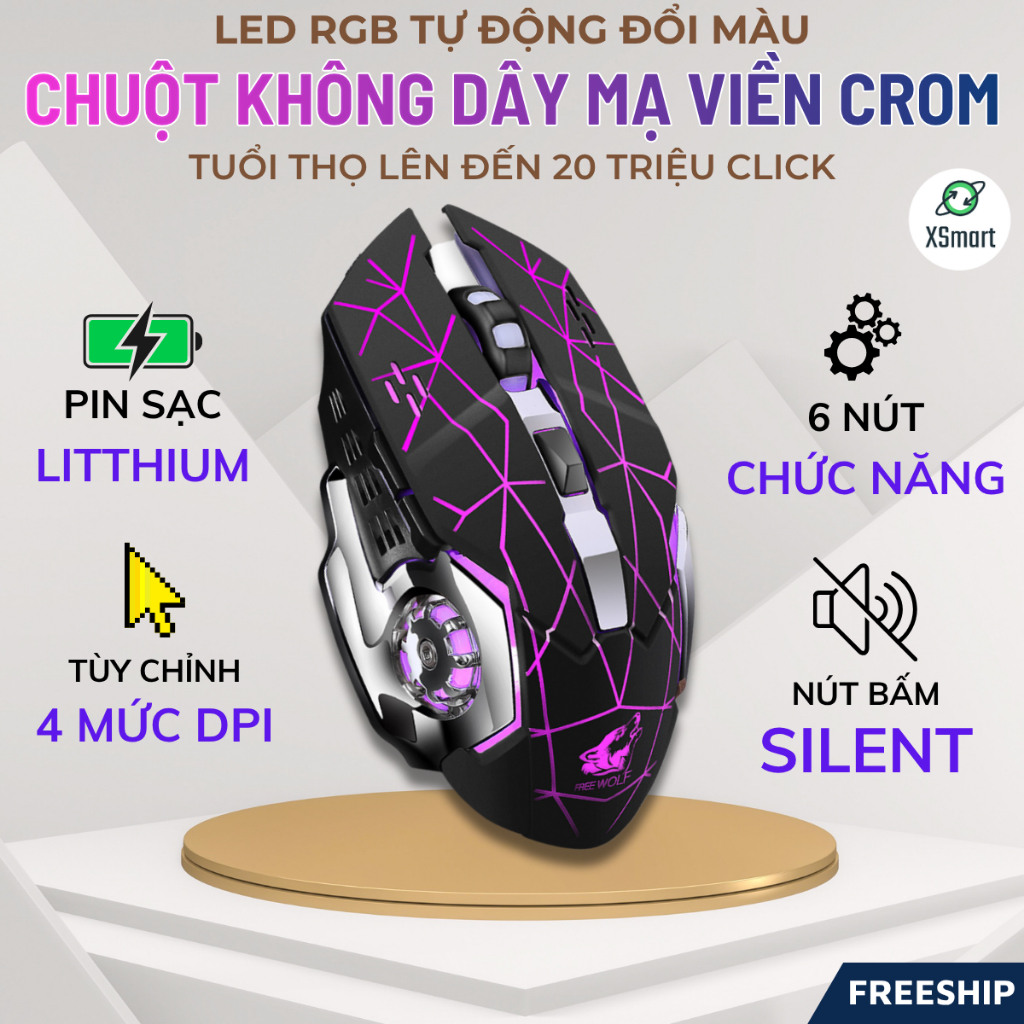 Chuột Không Dây Chuyên GAME Free Wolf X8 PRO NÂNG CẤP Wireless 2.4GHz SIÊU NGẦU, LED Nhiều Chế Độ