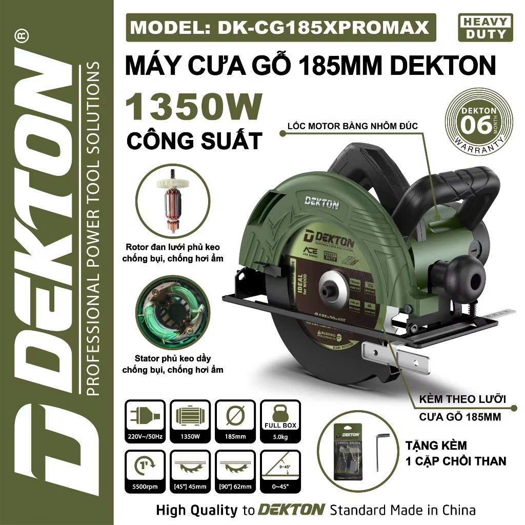 MÁY CƯA GỖ DEKTON DK-CG185XPROMAX công suất 1350W  Tặng Kèm Lưỡi Cưa Gỗ 185mm, Cắt Góc Nghiêng 45 Độ