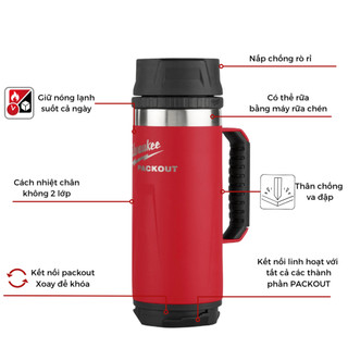 Bình giữ nhiệt 532ml Milwaukee 48-22-8394 inox chuẩn 2 lớp giữ nhiệt, chống va đập gắn được Packout