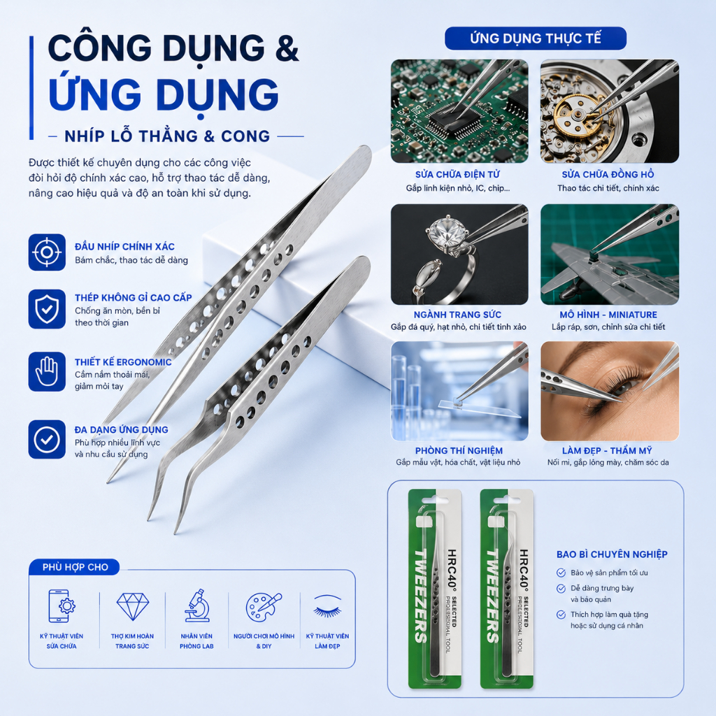 Nhíp gắp linh kiện điện tử màu trắng thép không gỉ dạng lỗ cao cấp đảm bảo chất lượng ILinhkien.