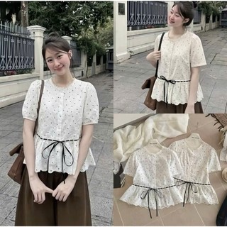 Áo chấm bi phối đai dây nơ đen siêu xinh, áo kiểu điệu đà thắt đai LAVIAN  A153
