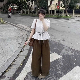 Áo chấm bi phối đai dây nơ đen siêu xinh, áo kiểu điệu đà thắt đai LAVIAN  A153