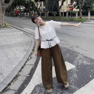 Áo chấm bi phối đai dây nơ đen siêu xinh, áo kiểu điệu đà thắt đai LAVIAN  A153
