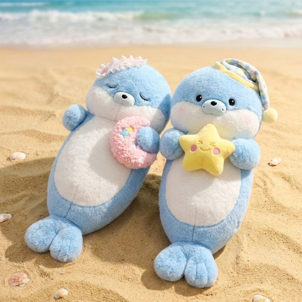 Gấu Bông Hải Cẩu Xanh Đội Mũ Ngủ Ôm Trăng Sao Ngủ Siêu Đáng Yêu, Gấu Gối Ôm Hải Cẩu Mềm Mịn Quà Tặng Cho Bé,Bạn Gái