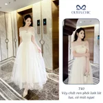 Váy Dự Tiệc Cao Cấp OLIVIA.CHIC Chất Ren Phối Lưới, Đầm Maxi Trễ Vai Đính Đá, Dáng Chiết Eo Xòe Nhiều Tầng T40-SX — ảnh 2