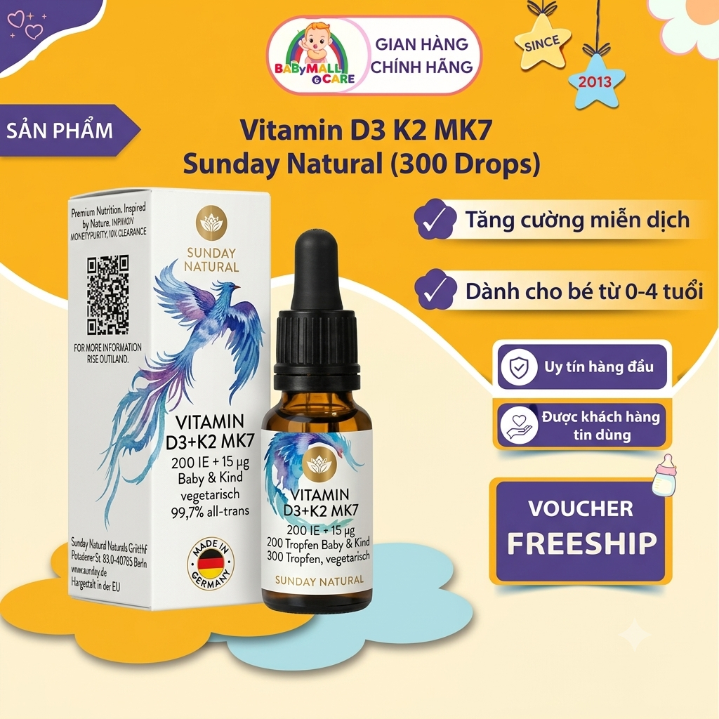 Thực Phẩm Bảo Vệ Sức Khoẻ Vitamin D3 + K2 MK7 200 IE + 15µg Sunday Natural, 300 giọt, 10ml