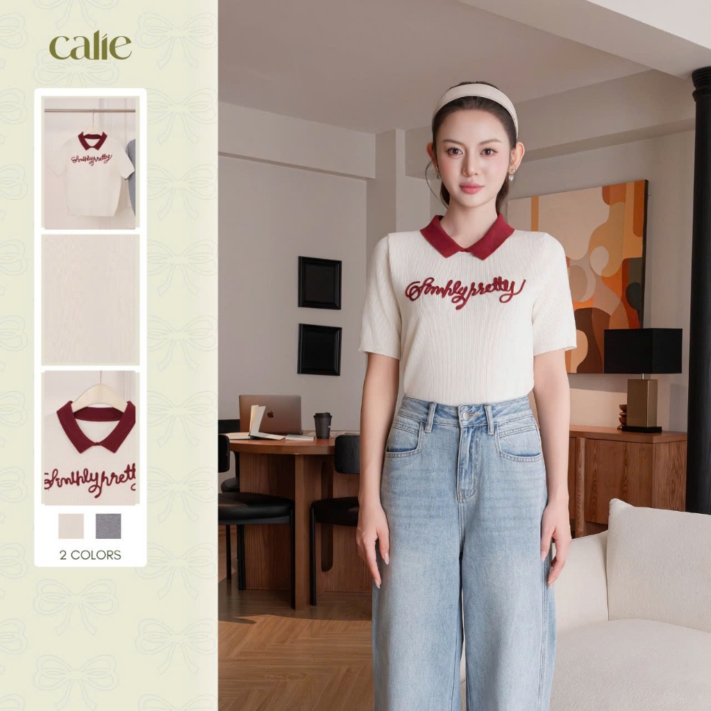 Áo dệt kim phối cổ thêu chữ nổi, chất liệu cao cấp, màu sắc trang nhã, thanh lịch Calie AKDK255