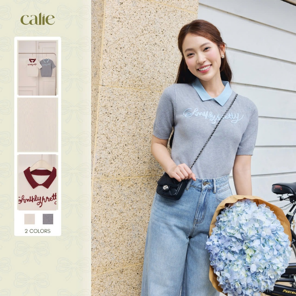 Áo dệt kim phối cổ thêu chữ nổi, chất liệu cao cấp, co dãn tốt thời trang nữ Calie AKDK255