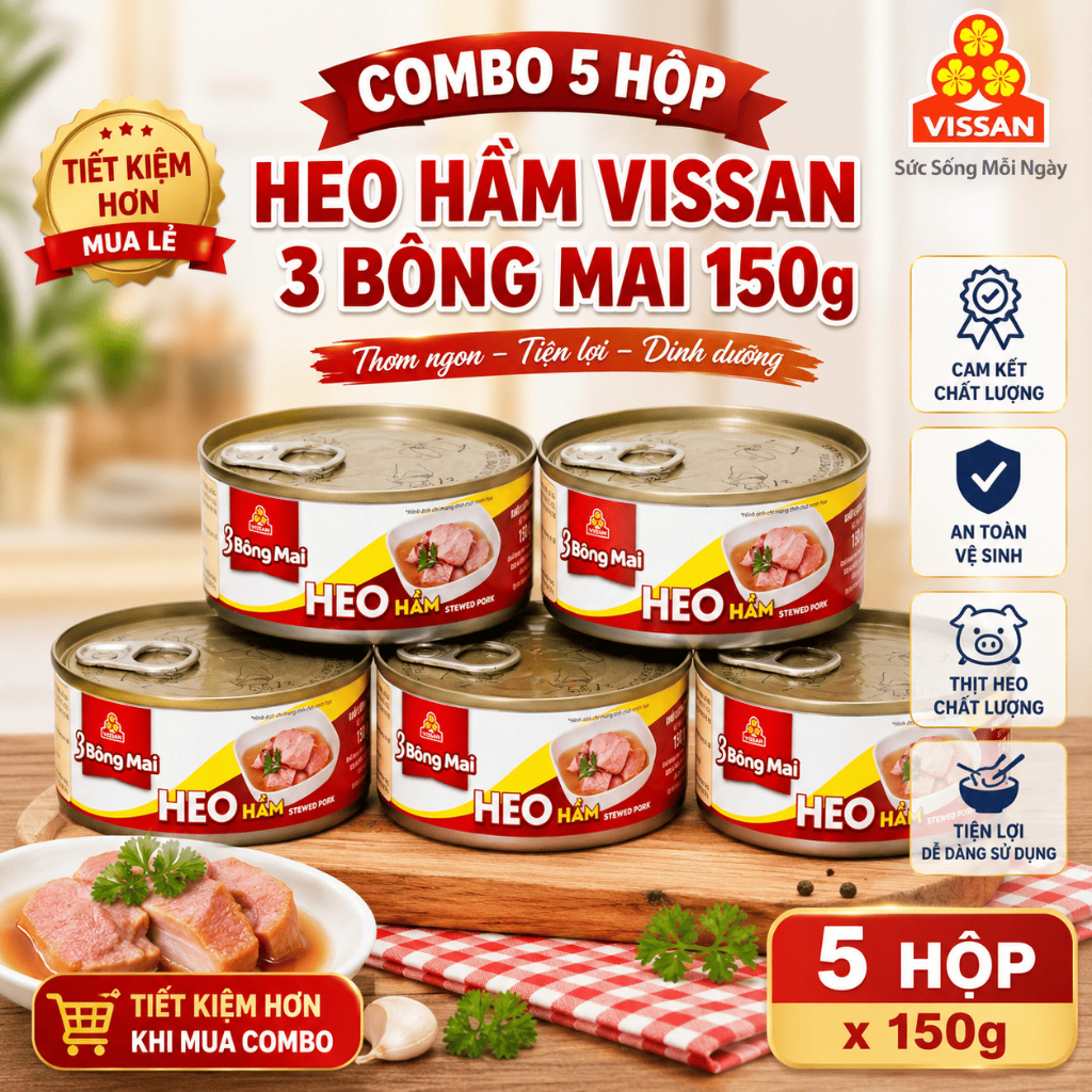 [ COMBO 5 HỘP ] Heo Hầm 3 Bông Mai Vissan – Date Mới , HSD 36 Tháng, Ăn Liền Tiện Lợi