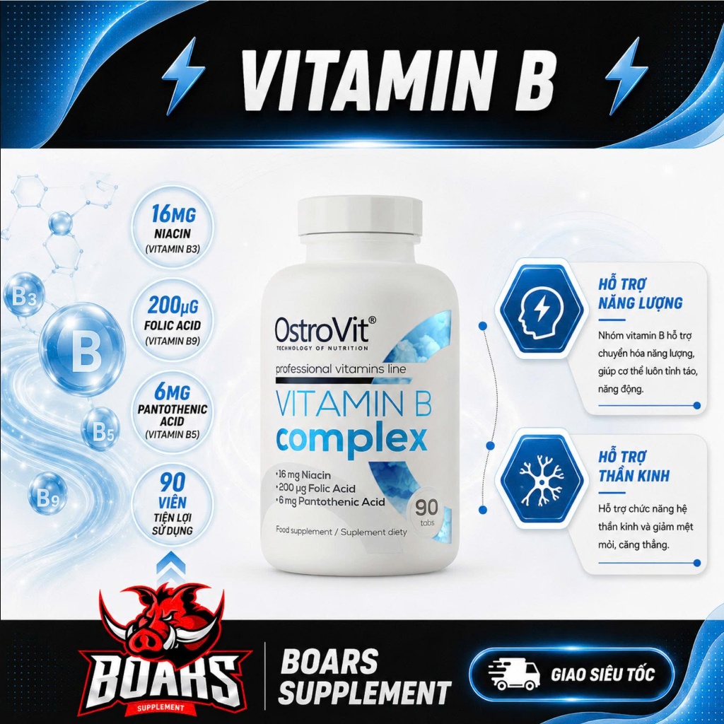 OSTROVIT VITAMIN B6 COMPLEX - BỔ SUNG VITAMIN NHÓM B, TỔNG HỢP PROTEIN GIÚP TĂNG CƠ BẮP (90 VIÊN)
