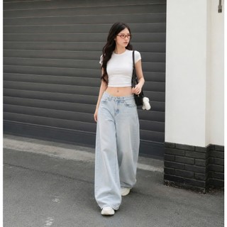 DELIZ - Quần jean nữ ống rộng cạp thấp tôn dáng chất liệu jean denim mềm cao cấp J420 (đã cắt sẵn khuy)