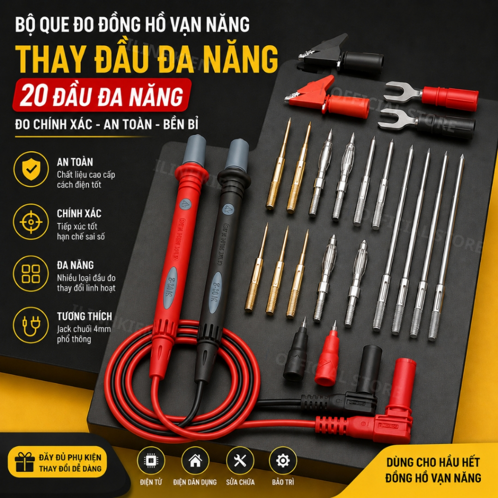 Que đo đồng hồ vạn năng dây đo thay dổi kim silicon mềm dẻo chịu nhiệt chống cháy 20A1000V ilinhkien