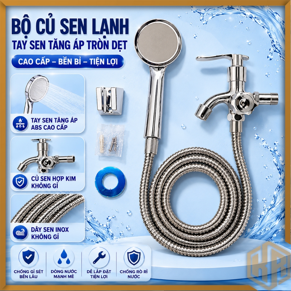 Bộ củ sen và vòi sen tăng áp bằng nhựa ABS tròn mỏng 1 đường nước lạnh mạ crome áp lực cao - CS02.TS001