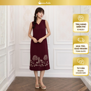 SWANLAKE | Váy Đầm Nữ Suông Sát Nách Cổ Chữ V Vải Linen Hàn Thêu Hoa Du Lịch Dạo Phố Hè D13721