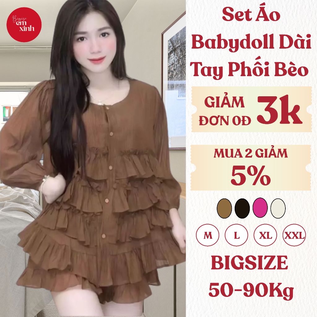 Set Áo Babydoll Dài Tay Phối Bèo Ánh Kim Kèm Quần Đùi Thun Form Rộng Thoải Mái Có Bigsize  Bs053