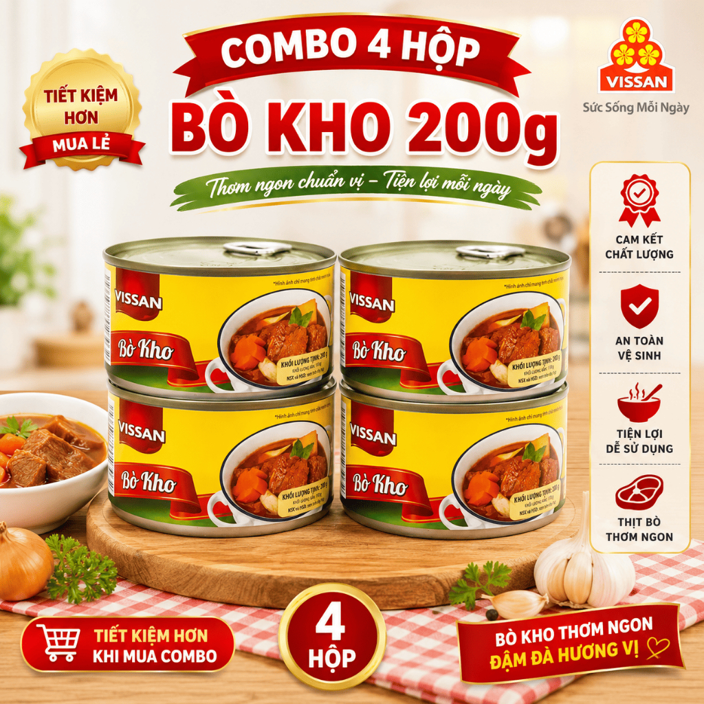 [ Combo 4 Hộp ] Bò Kho Vissan 200g – Chính Hãng Date 2029, HSD 36 Tháng, Ăn Liền Tiện Lợi