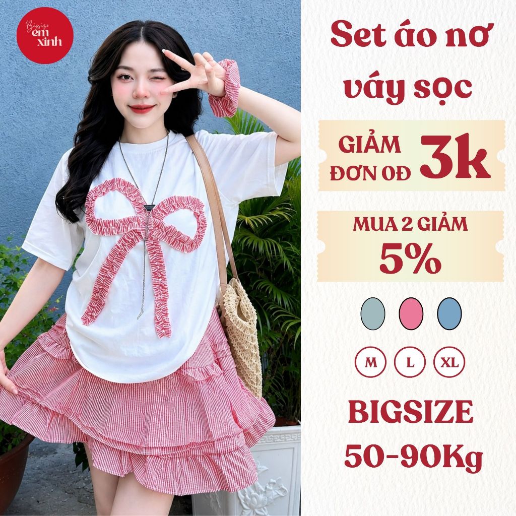 Set áo nơ váy sọc thời trang dành cho nữ bigsize form freesize - Emxinh Bs002 từ 50kg đến 90kg