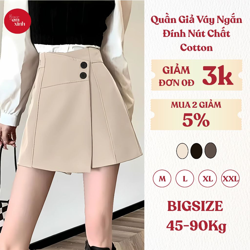 Quần Giả Váy Ngắn Đính Nút Chất Cotton Lạnh Dày Dặn Màu Đen/Nâu/Be Size 50-90KG Bs051