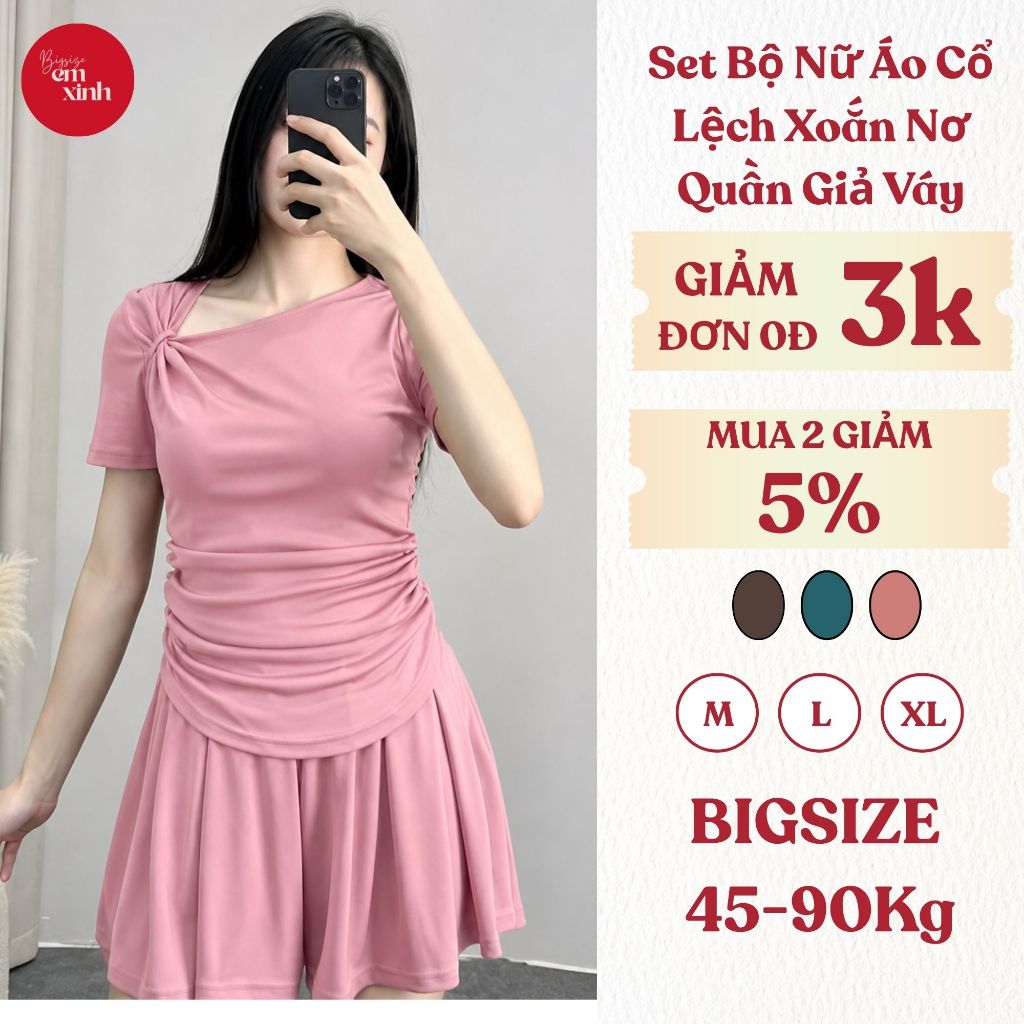 Set Nữ Bigsize Áo Cổ Lệch Xoắn Nơ – Quần Giả Váy, Freesize Tôn Dáng (50–90kg) BS028- Em Xinh Bigsize