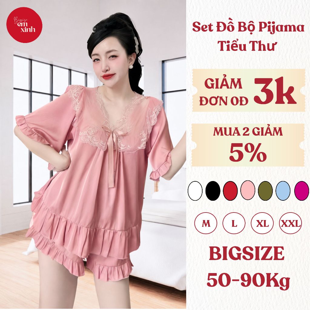 Set Đồ Bộ Pijama Tiểu Thư Quần Đùi Ngắn Tay, Kiểu Phối Ren Chất Lụa Satin Đẹp Mát Mẽ (Có Bigsize) PJ013  - Emxinhbigsize