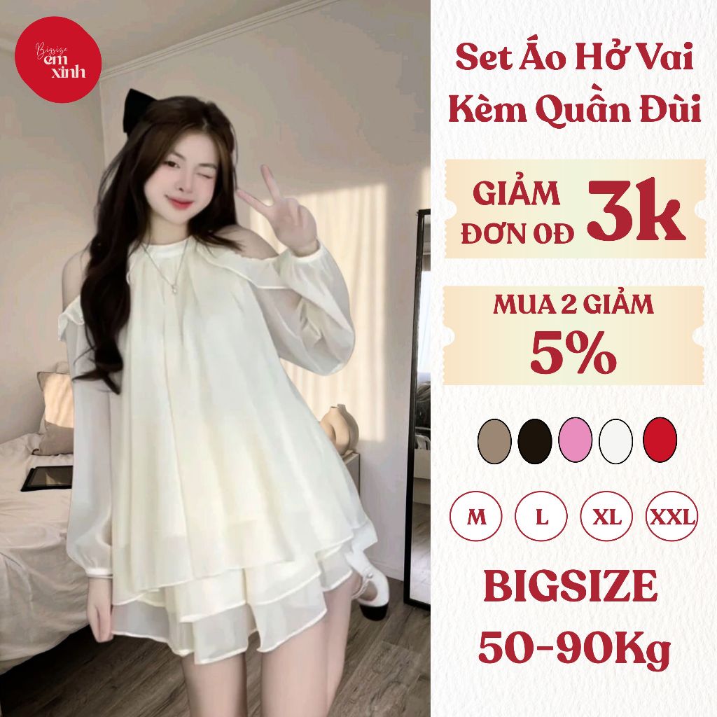 Set Áo Kiểu Hở Vai Dài Tay Tiểu Thư Kèm Quần Đùi Form Rộng, Vải Tơ Ánh Kim Lót 2 Lớp - Bigsize Bs032