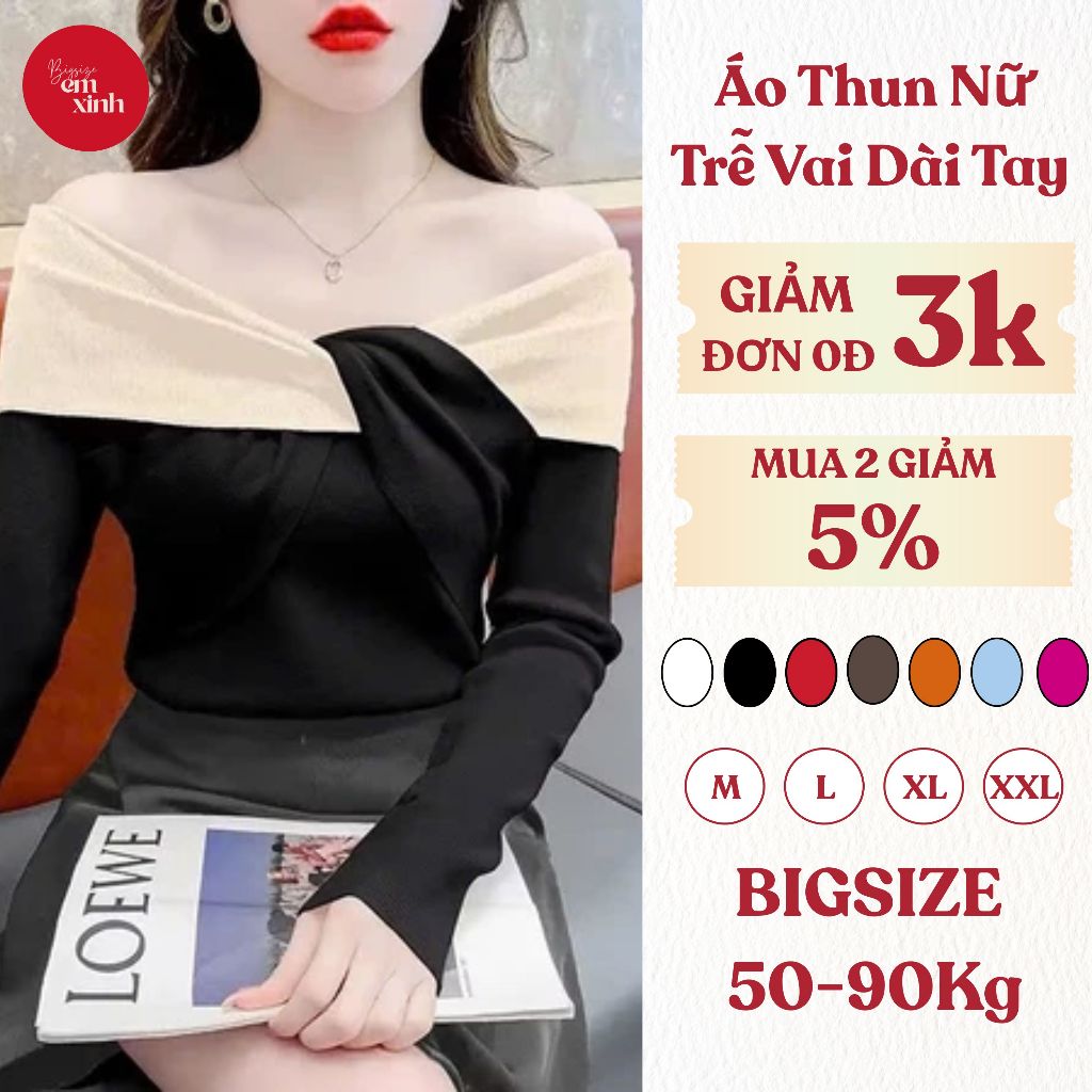 Áo Thun Nữ Trễ Vai Xoắn Ngực Dài Tay Phối Màu, Chất Thun Tăm Lạnh Tôn Dáng Đủ Màu Có Bigsize  Bs050