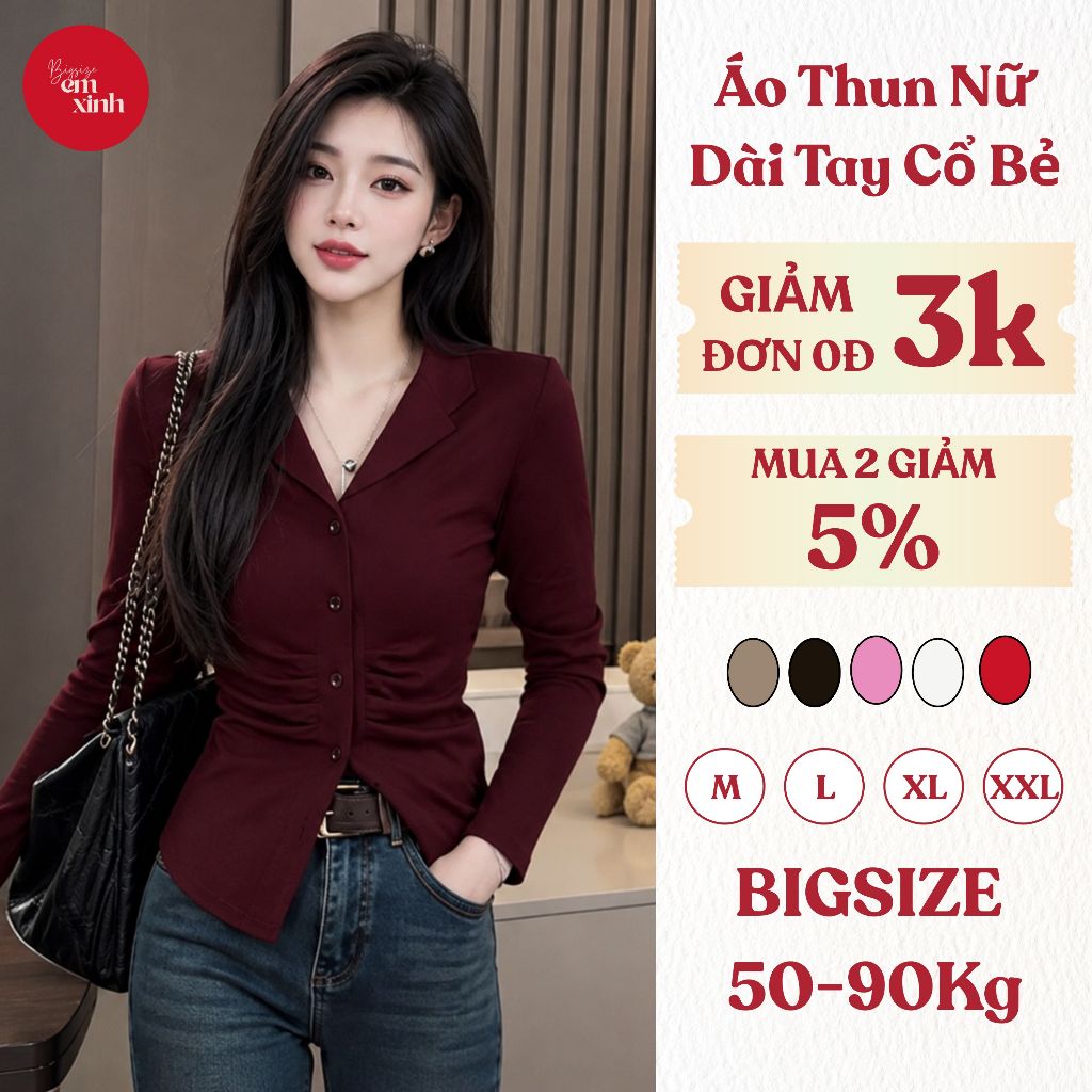 Áo Thun Nữ Dài Tay Cổ Bẻ Nhún Eo Có Nút Bs052 Chất Tăm Lạnh Size 50-90Kg - Emxinhbigsize