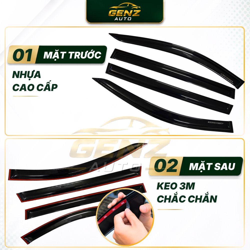 Vè che mưa Limo Green -  CHỈ INOX/ NHỰA ĐEN 4CT/ 6CT sáng bóng, vừa khít forrm xe, hỗ trợ cản mưa, thoảng khí