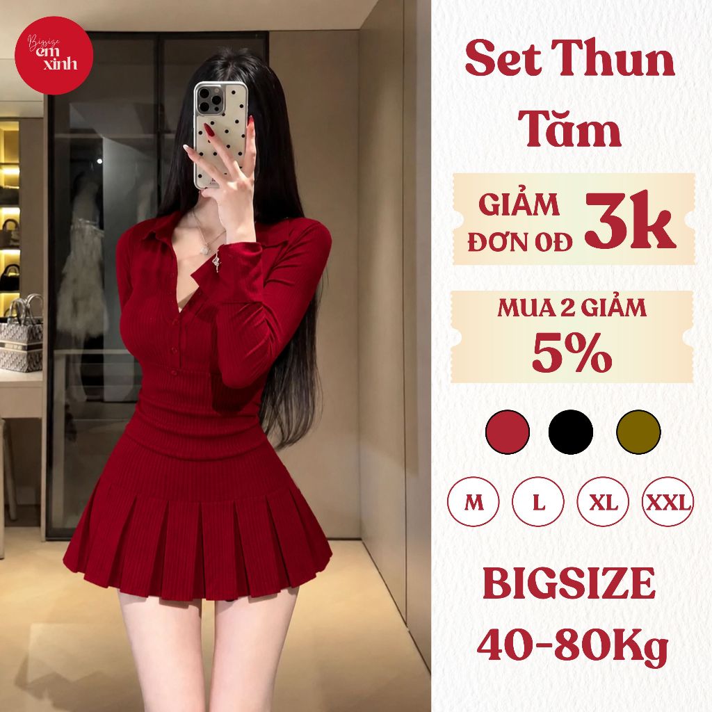 Set Áo Dài Tay Cổ Đính Nút Kèm Chân Váy Xếp Ly Có Quần Bảo Hộ Bigsize – Thun Tăm Lạnh Dày BS049