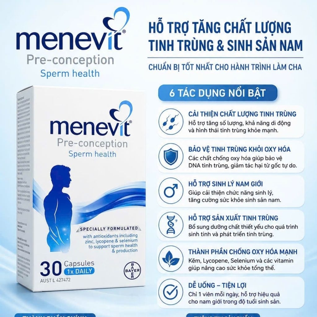 Viên Uống Menevit Nâng Cao Chất Lượng Tinh Trùng Úc 30 viên & 90 viên phục hồi sức khoẻ nam giới