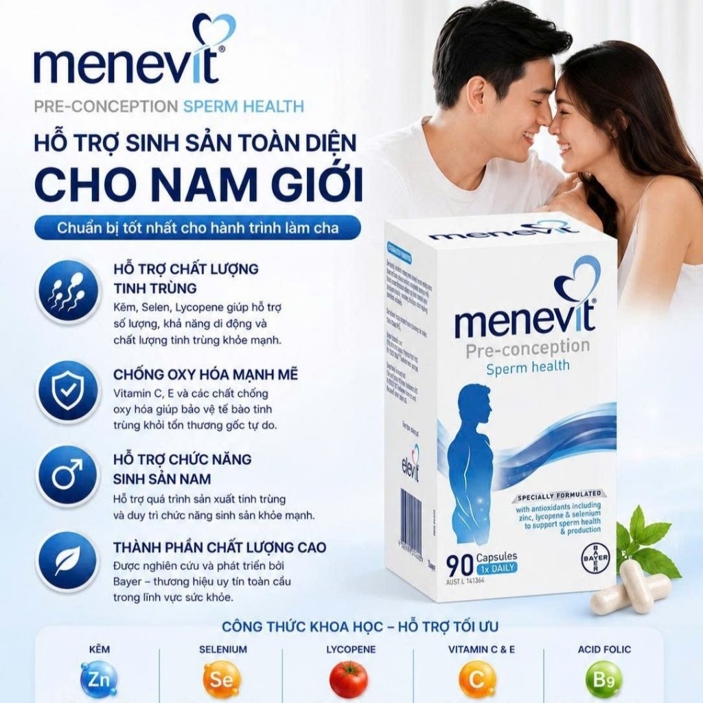 Viên Uống Menevit Nâng Cao Chất Lượng Tinh Trùng Úc 30 viên & 90 viên phục hồi sức khoẻ nam giới