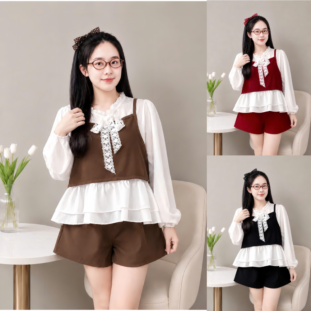 Set Bigsize Nữ Áo Cổ Bèo Phối Gile Ren + Quần Short Đùi Lưng Chun Co Giãn (50–95kg) A347+Q500