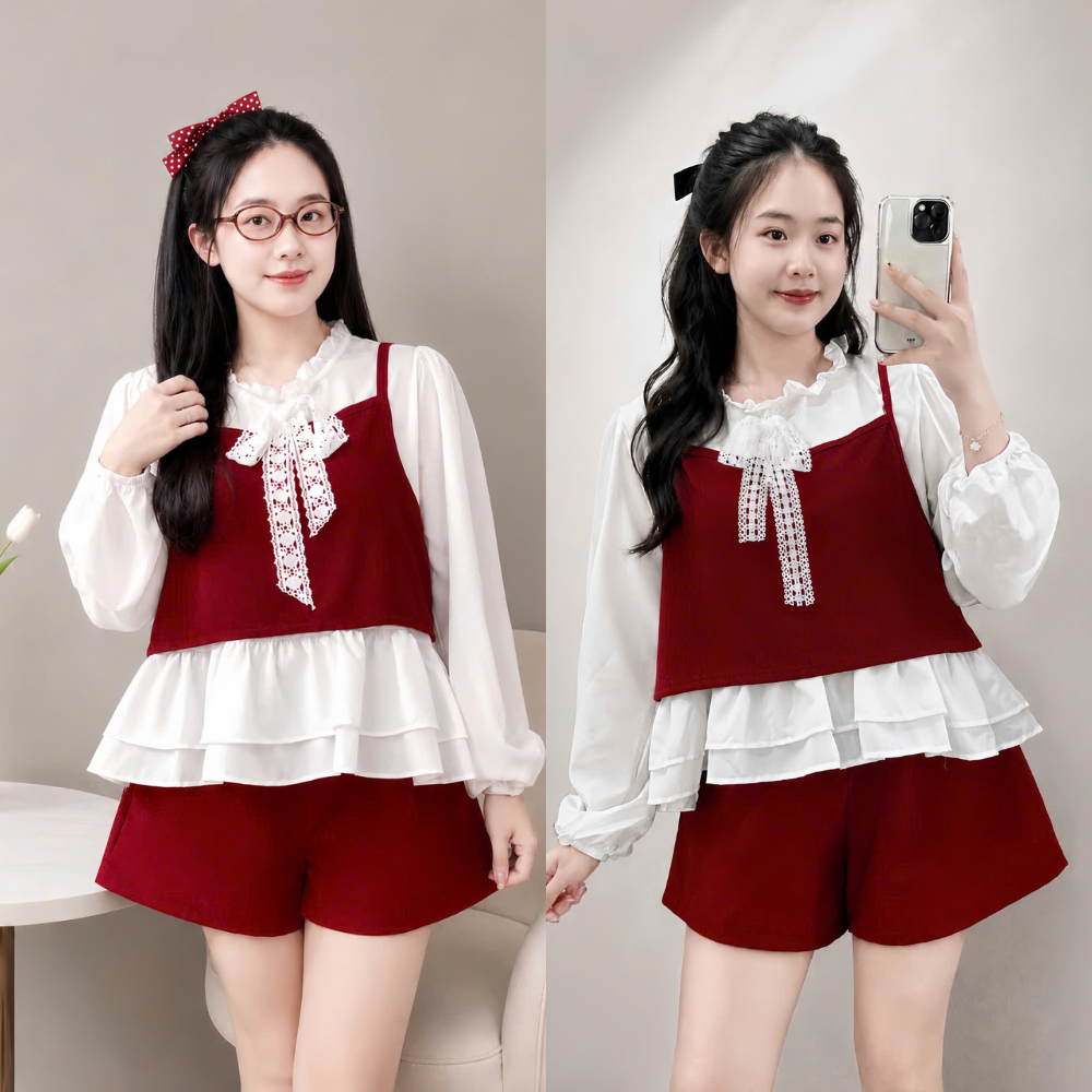 Set Bigsize Nữ Áo Cổ Bèo Phối Gile Ren + Quần Short Đùi Lưng Chun Co Giãn (50–95kg) A347+Q500