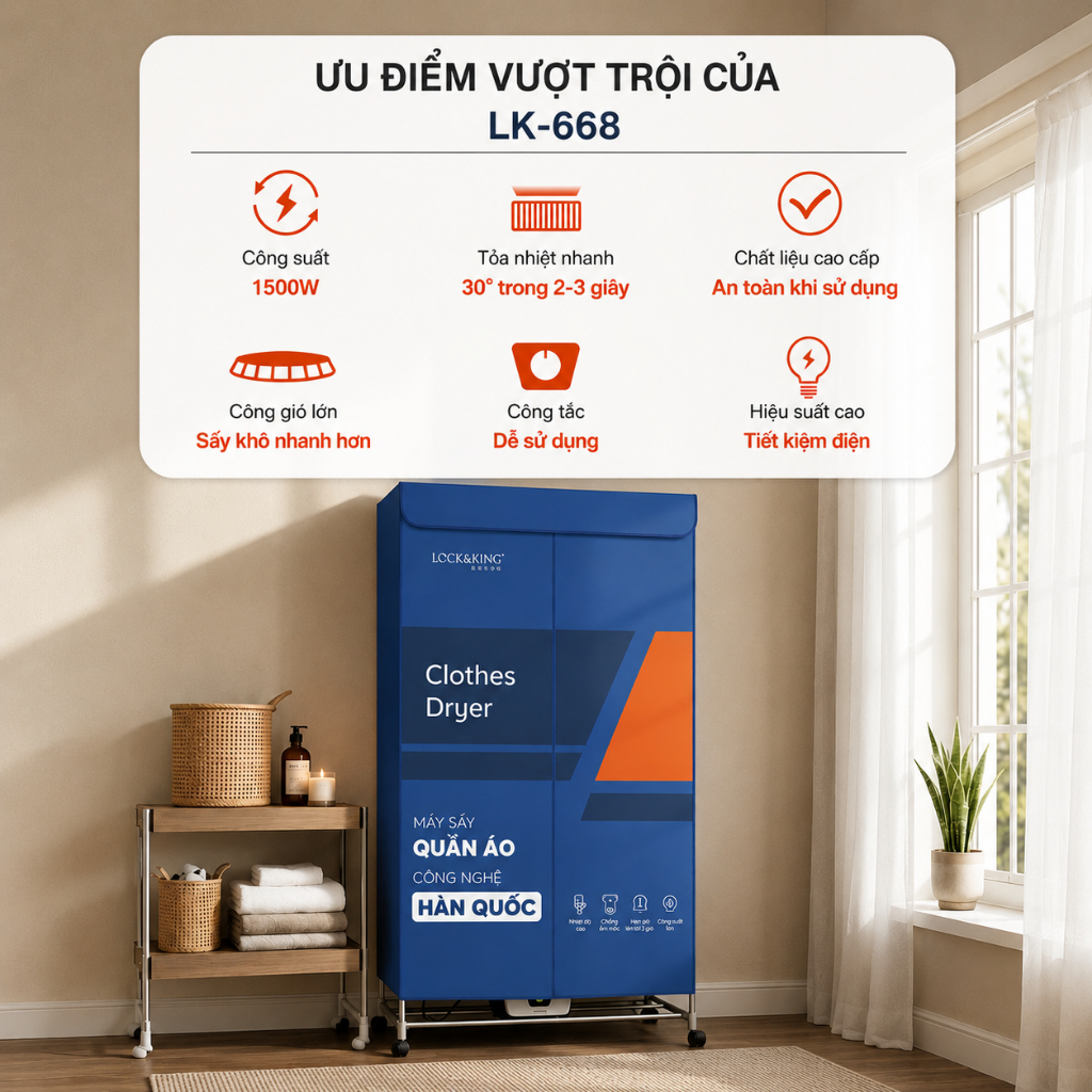 Tủ Sấy Quần Áo Lock&King LK-668 1500W Sấy 20KG Công Nghệ PTC Khô Nhanh Mùa Mưa