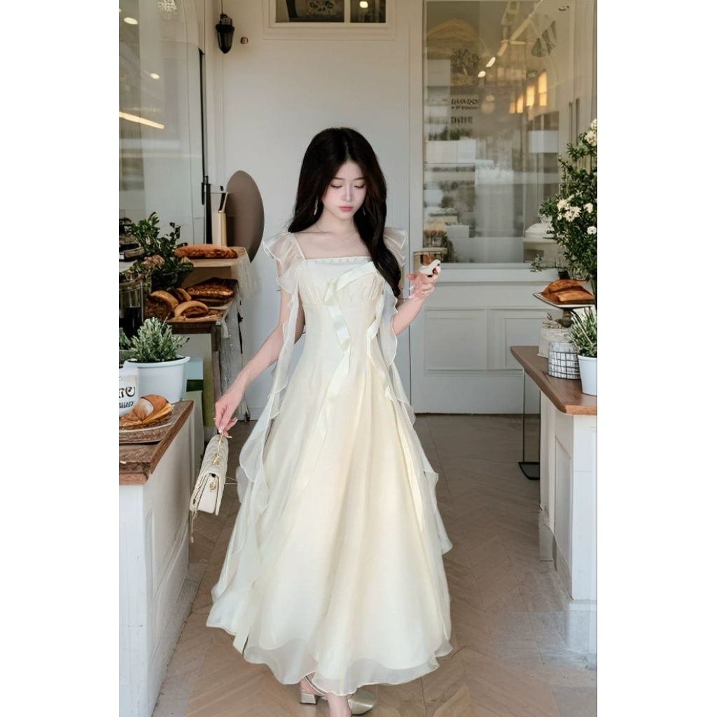 Váy Maxi Nàng Thơ Cổ Vuông Tay Bèo Rũ Dáng Xòe Tiểu Thư Cao Cấp Memeboutique [TLV31]