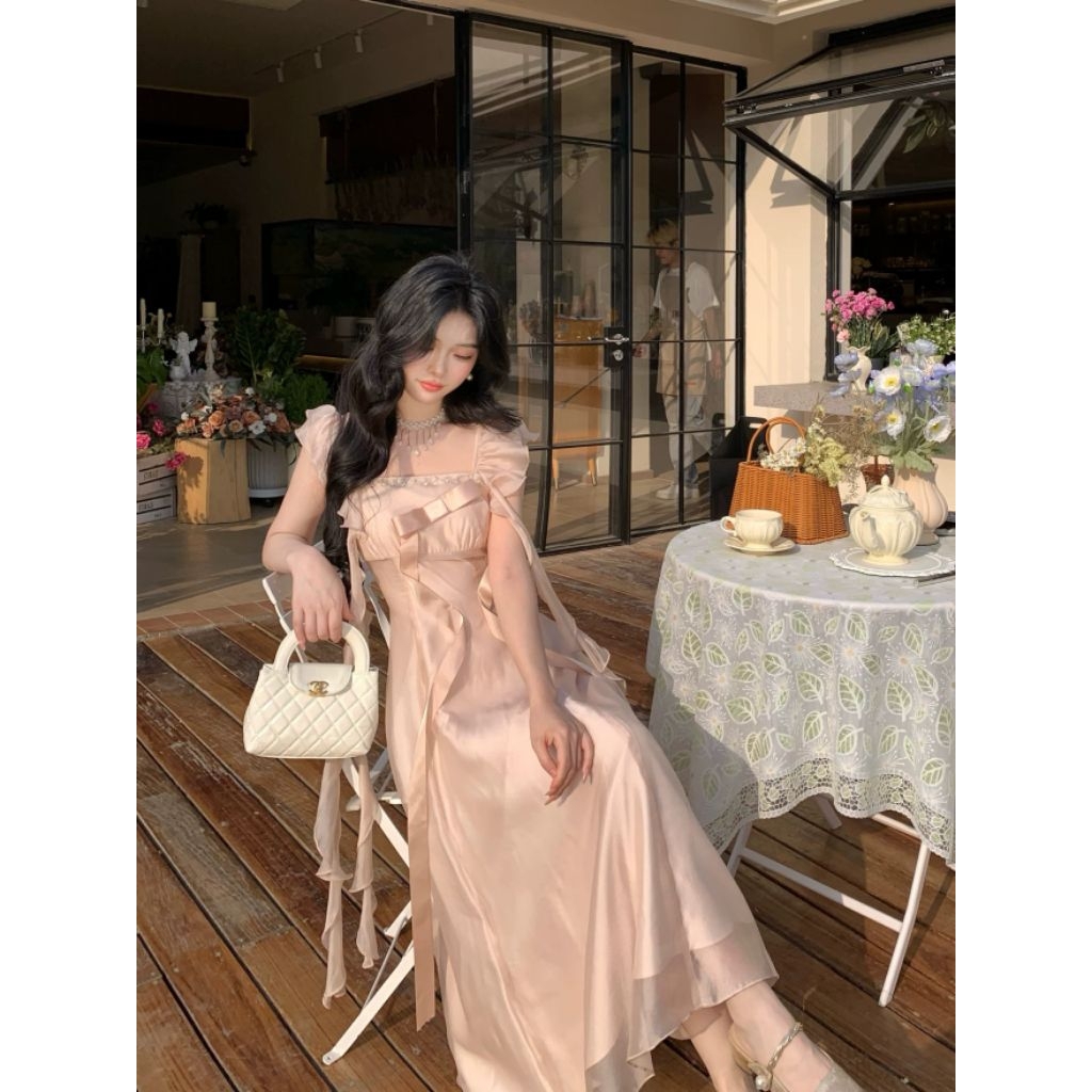 Váy Maxi Nàng Thơ Cổ Vuông Tay Bèo Rũ Dáng Xòe Tiểu Thư Cao Cấp Memeboutique [TLV31]