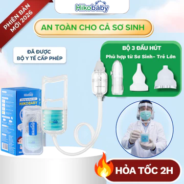 Hút mũi cho bé sơ sinh cầm tay Hikobaby, dụng cụ hút mũi trẻ em, 3 đầu hút silicon, chống trào ngược, hút êm hút sạch