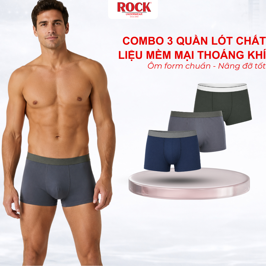 [Combo 3] Quần Lót Nam ROCK QA 1032 Trơn Cao Cấp Co Giãn 4 Chiều, Quần Sịp Nam Chất Liệu Mềm Mịn, Thoáng Khí