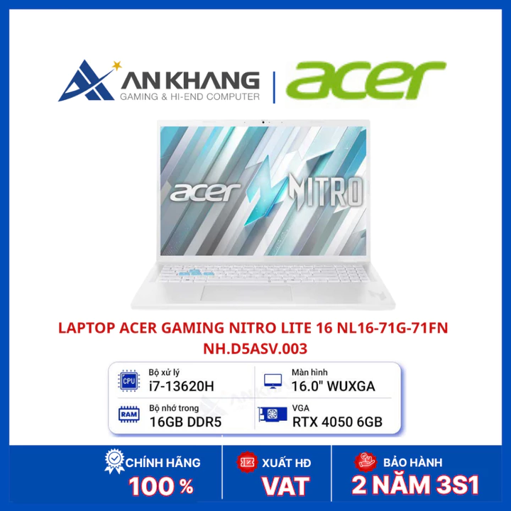 Laptop Gaming Acer Nitro Lite 16 NL16-71G-71FN NH.D5ASV.003 | Core i7-13620H | RTX 4050 6GB | RAM 16GB | SSD 512GB |