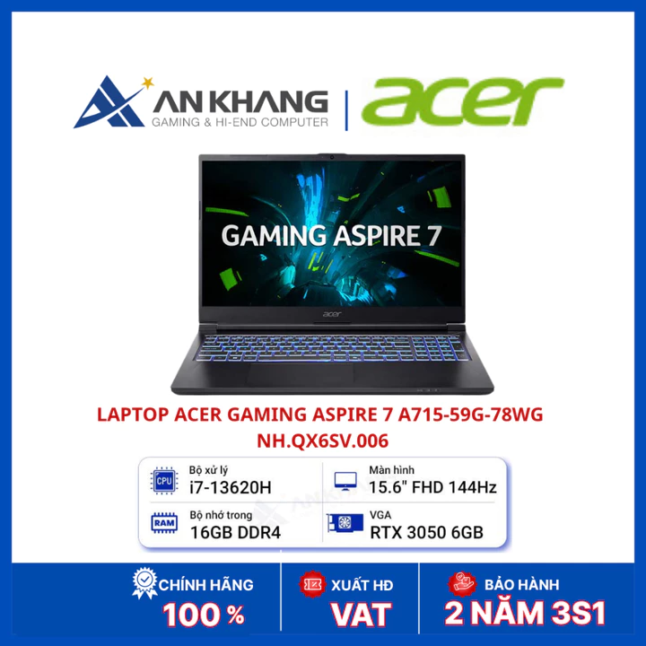 Laptop Gaming Acer Aspire 7 A715-59G-78WG NH.QX6SV.006 | Core i7-13620H | RTX 3050 | RAM 16GB | SSD 512GB | 15.6 Inch