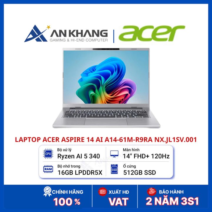 Laptop Acer Aspire 14 AI A14-61M-R9RA NX.JL1SV.001 | Ryzen AI 5 340 | RAM 16GB | SSD 512GB | 14 Inch FHD+ 120Hz | Win11