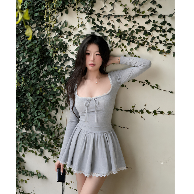 Set Váy Áo Bigsize Thun Gân Tăm ESHOP MS295 – Set Chân Váy Xếp Ly Kèm Áo Tay Dài Phối Ren Cột Nơ