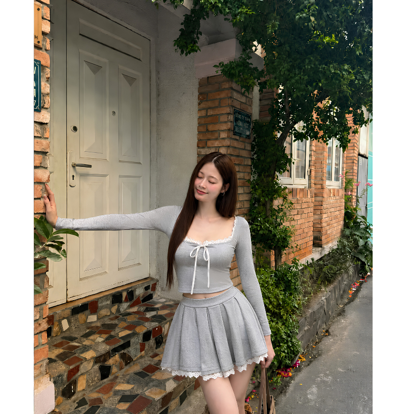 Set Váy Áo Bigsize Thun Gân Tăm ESHOP MS295 – Set Chân Váy Xếp Ly Kèm Áo Tay Dài Phối Ren Cột Nơ