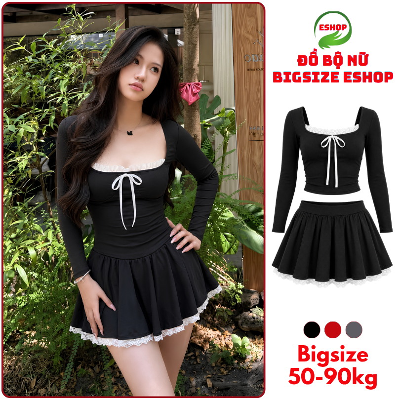 Set Váy Áo Bigsize Thun Gân Tăm ESHOP MS295 – Set Chân Váy Xếp Ly Kèm Áo Tay Dài Phối Ren Cột Nơ
