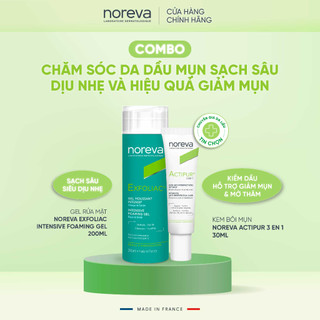 2 bước chăm da dầu mụn cùng sữa rửa mặt Noreva Exfoliac Intensive Foaming 200ml và kem mụn Noreva Actipur 3 En 1 30ml