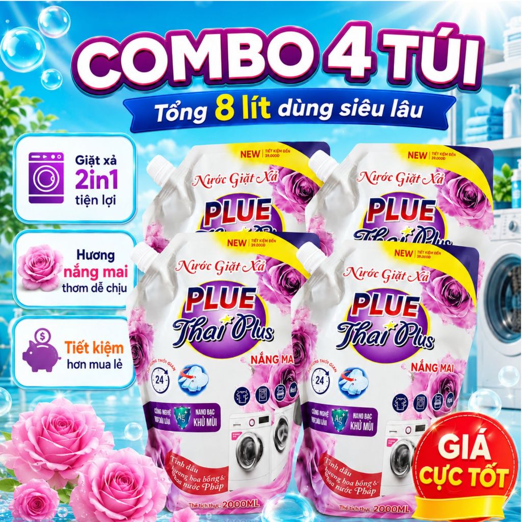 Sale Sốc - ComBo 2 Túi nước giặt Thai Plus túi lớn 2000ml, đậm đặc, thơm dai Hương nắng mai