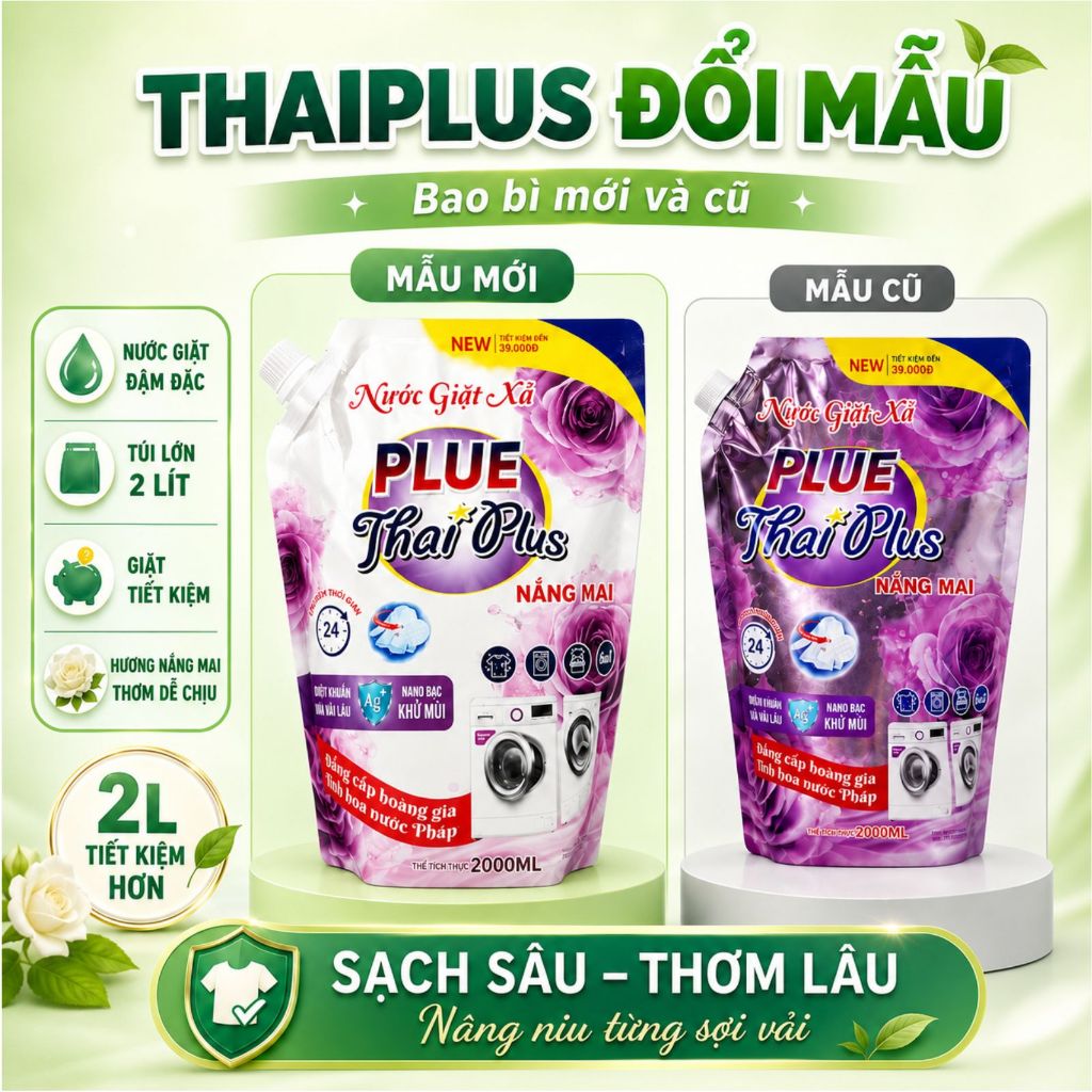 Sale Sốc - ComBo 2 Túi nước giặt Thai Plus túi lớn 2000ml, đậm đặc, thơm dai Hương nắng mai