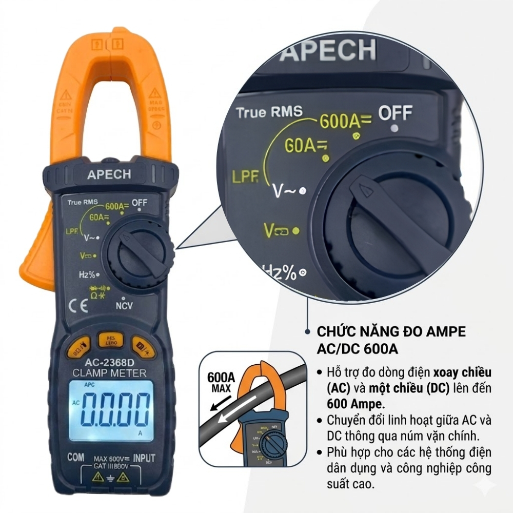 Ampe kìm đo AC/DC APECH AC-2368D tích hợp TrueRMS đo điện trở, tụ điện, tần số, thông mạch,...