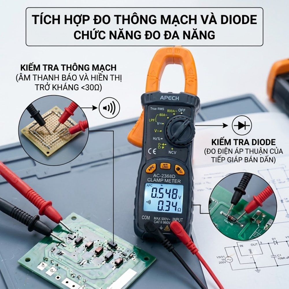 Ampe kìm đo AC/DC APECH AC-2368D tích hợp TrueRMS đo điện trở, tụ điện, tần số, thông mạch,...